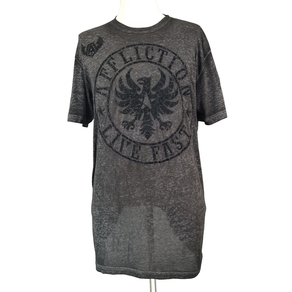 Affliction T-Shirt Mens 2XL Gray Live Fast Winged Eagle Gothic Grunge Graphic